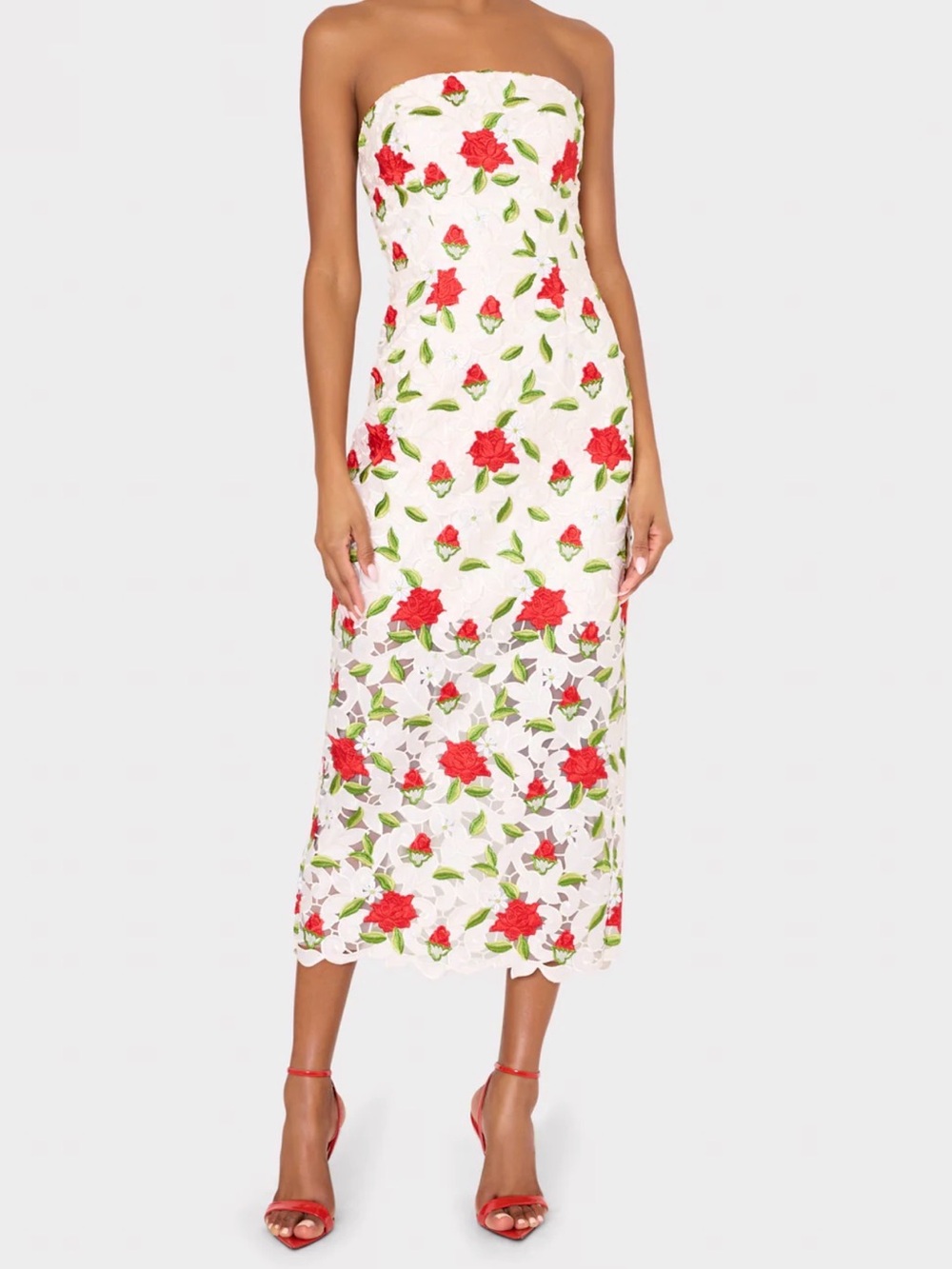 Milly Strapless White Midi Dress with Red Rose Embroidery